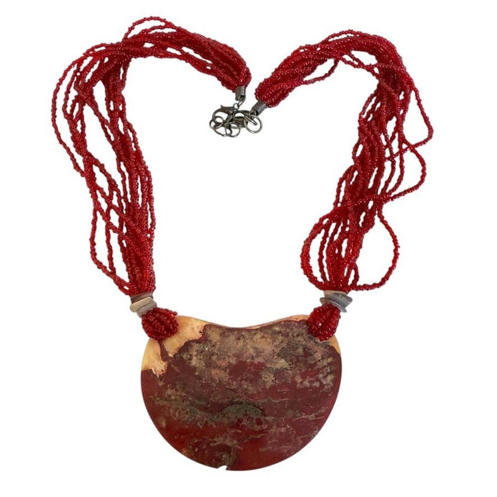 Mustistrand seed beads red statement necklace w large shell MOP Pendant